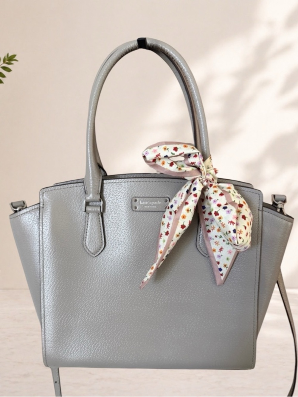 kate spade silver gray Leather Satchel with Floral Scarf Accent